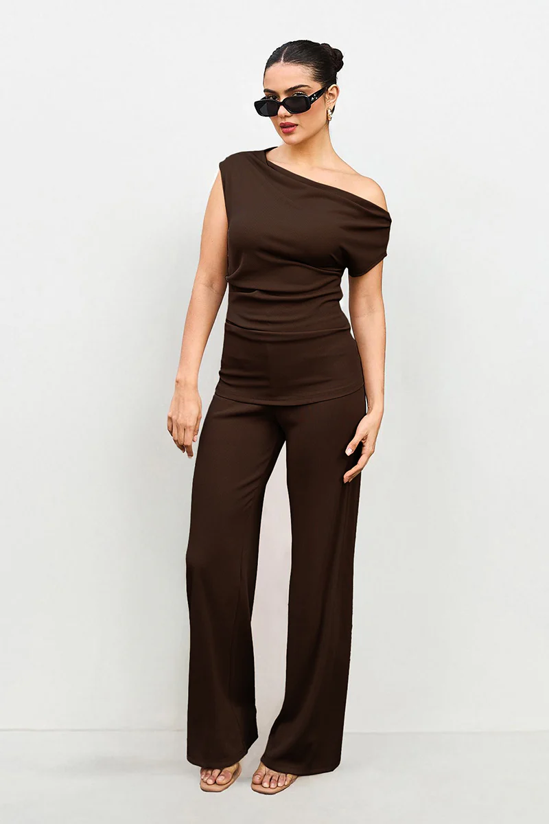 Leisure Solid Sloping-Shoulder Slim Top & Wide-Leg Trousers Co-ord - Image 10