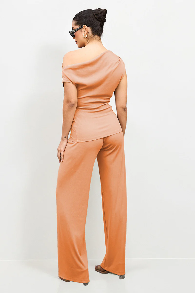 Leisure Solid Sloping-Shoulder Slim Top & Wide-Leg Trousers Co-ord - Image 12