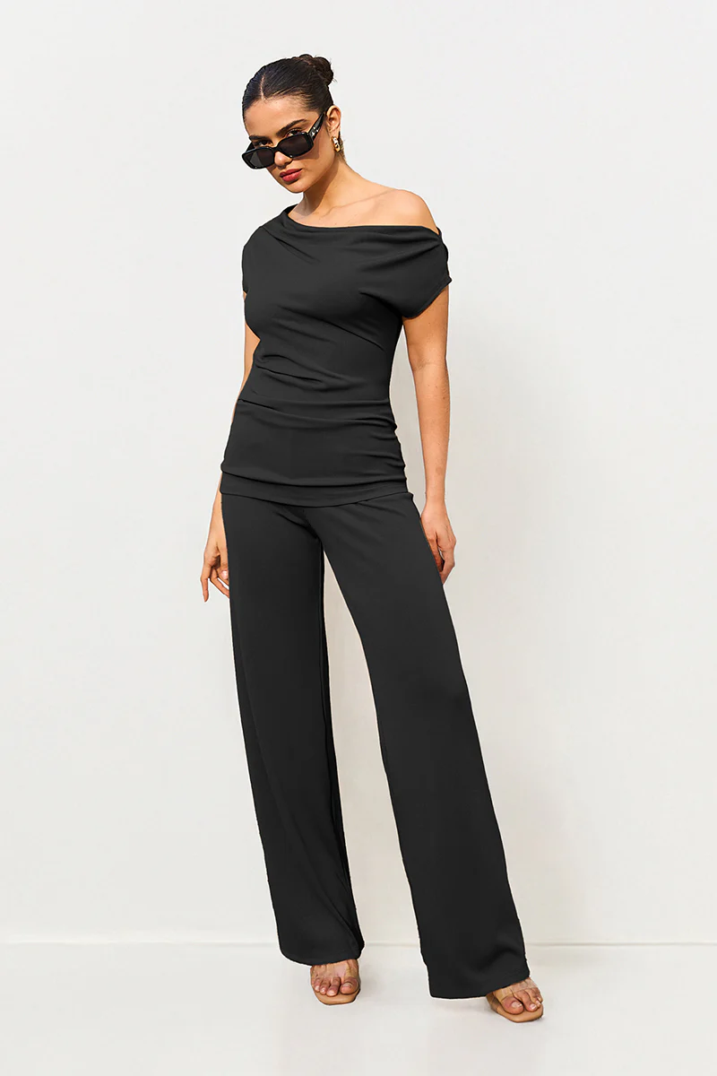 Leisure Solid Sloping-Shoulder Slim Top & Wide-Leg Trousers Co-ord - Image 6