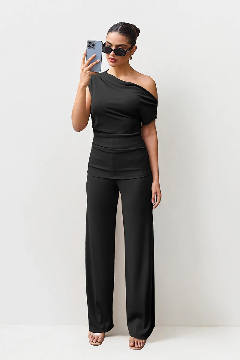Leisure Solid Sloping-Shoulder Slim Top & Wide-Leg Trousers Co-ord - Image 8