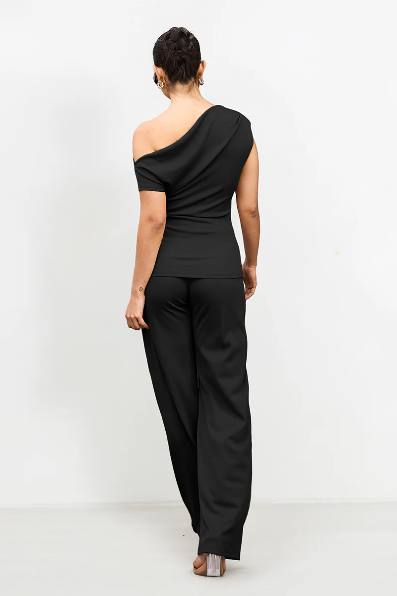 Leisure Solid Sloping-Shoulder Slim Top & Wide-Leg Trousers Co-ord - Image 9