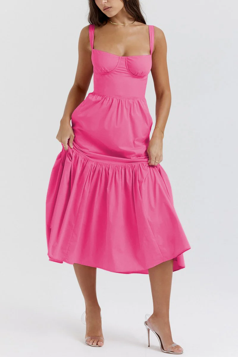 Lovely Thick Strap Pleated Pocket Slim Midi Dress - Image 4