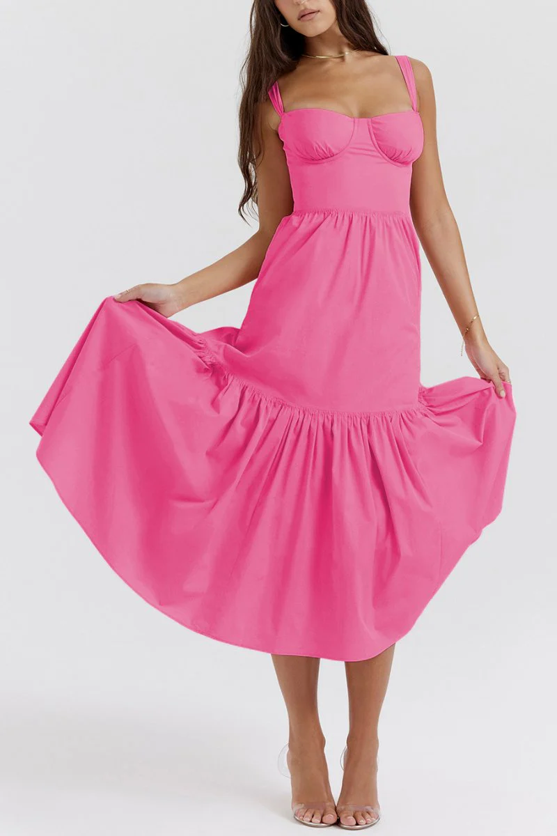 Lovely Thick Strap Pleated Pocket Slim Midi Dress - Image 5