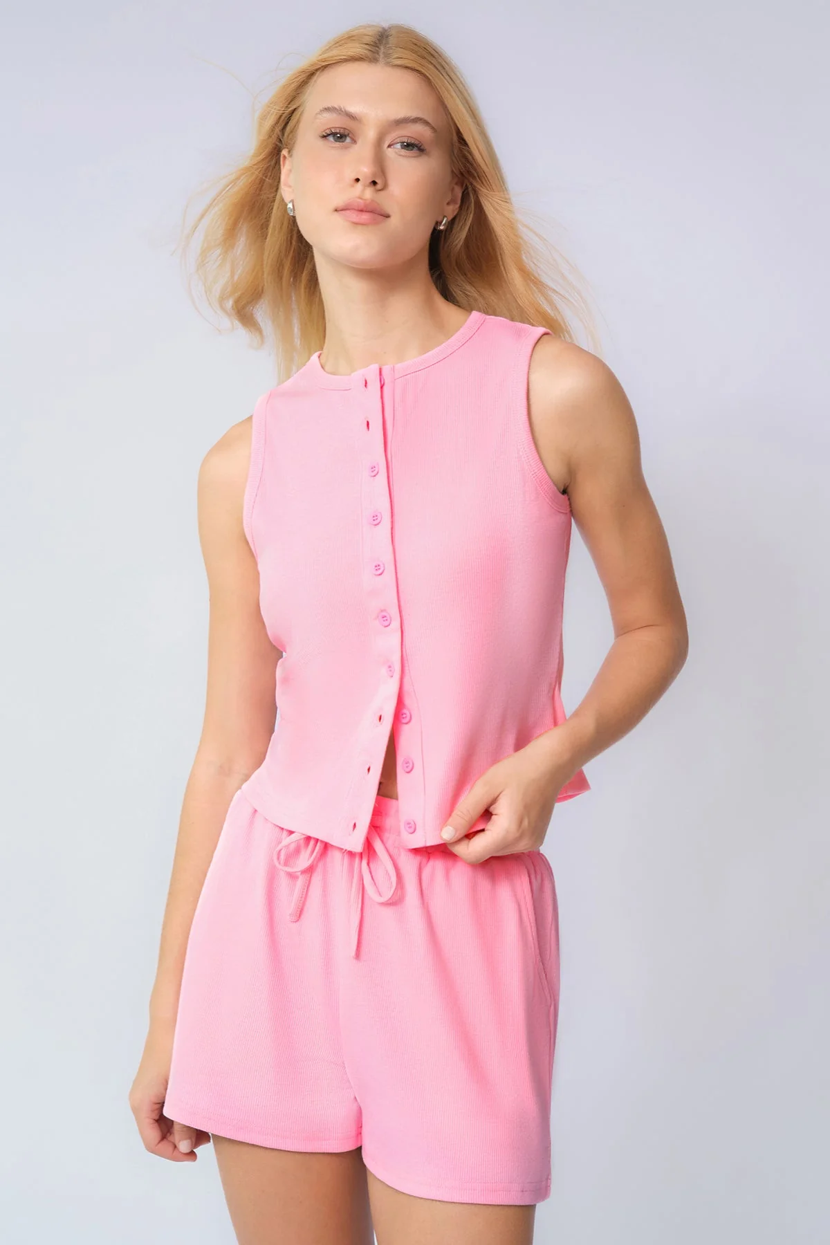 Katchme Button-Up Tank Top & Drawstring Waist Shorts Co-ord Set - Image 3