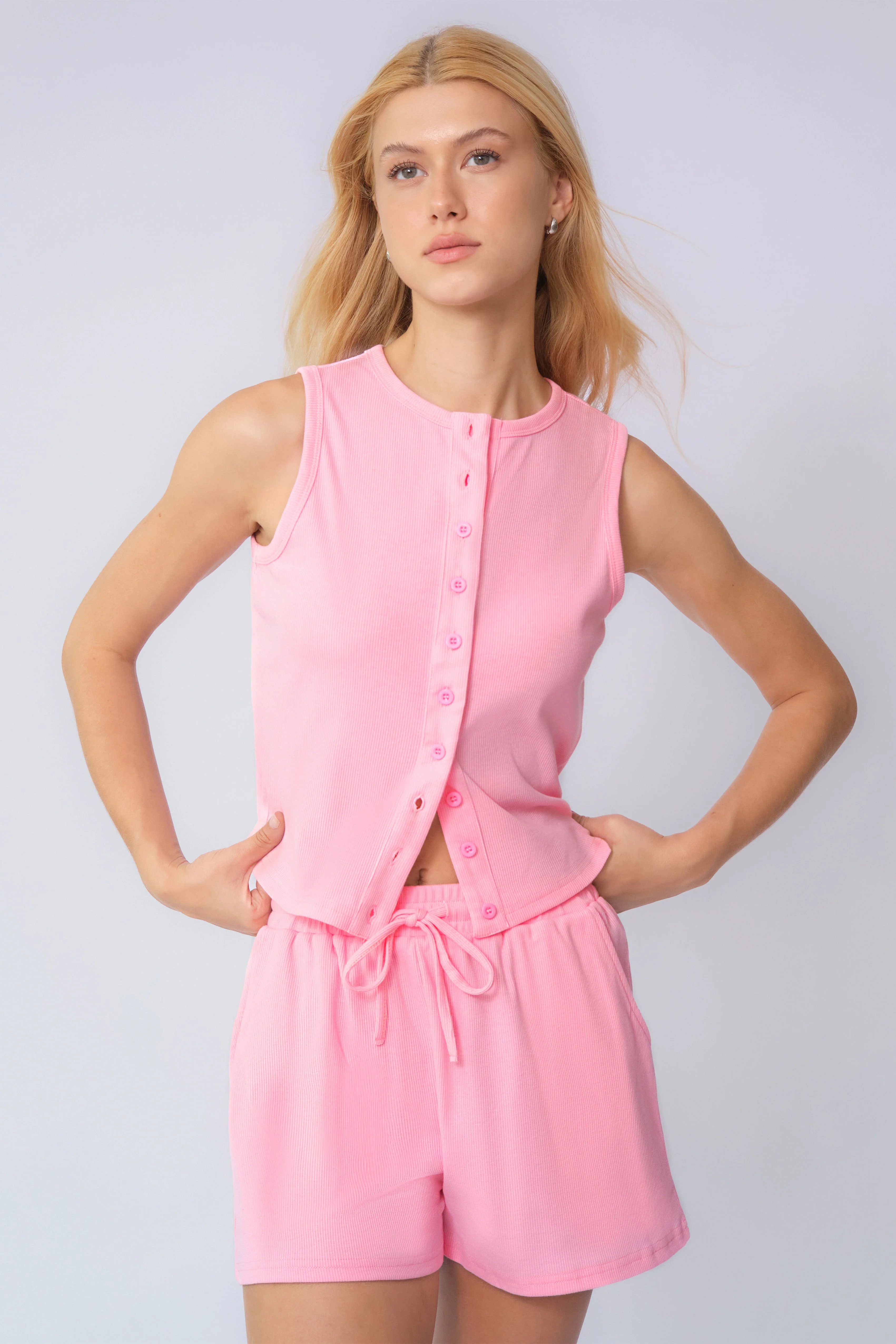 Katchme Button-Up Tank Top & Drawstring Waist Shorts Co-ord Set - Image 4