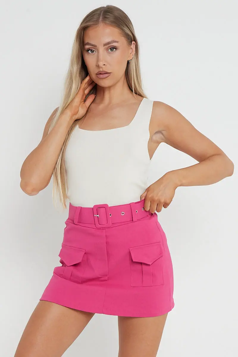 Minimalist High Waist Flap Pocket Belt Decor Skort - Image 5