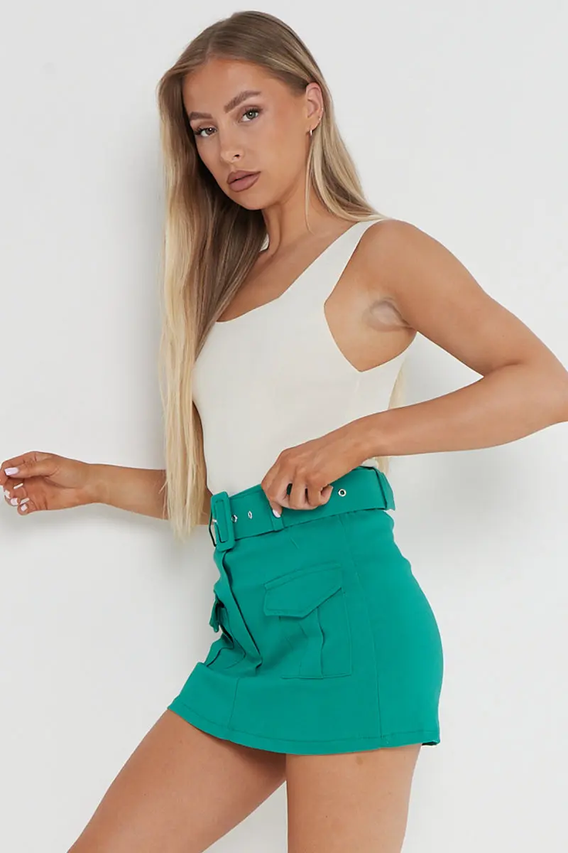 Minimalist High Waist Flap Pocket Belt Decor Skort - Image 9