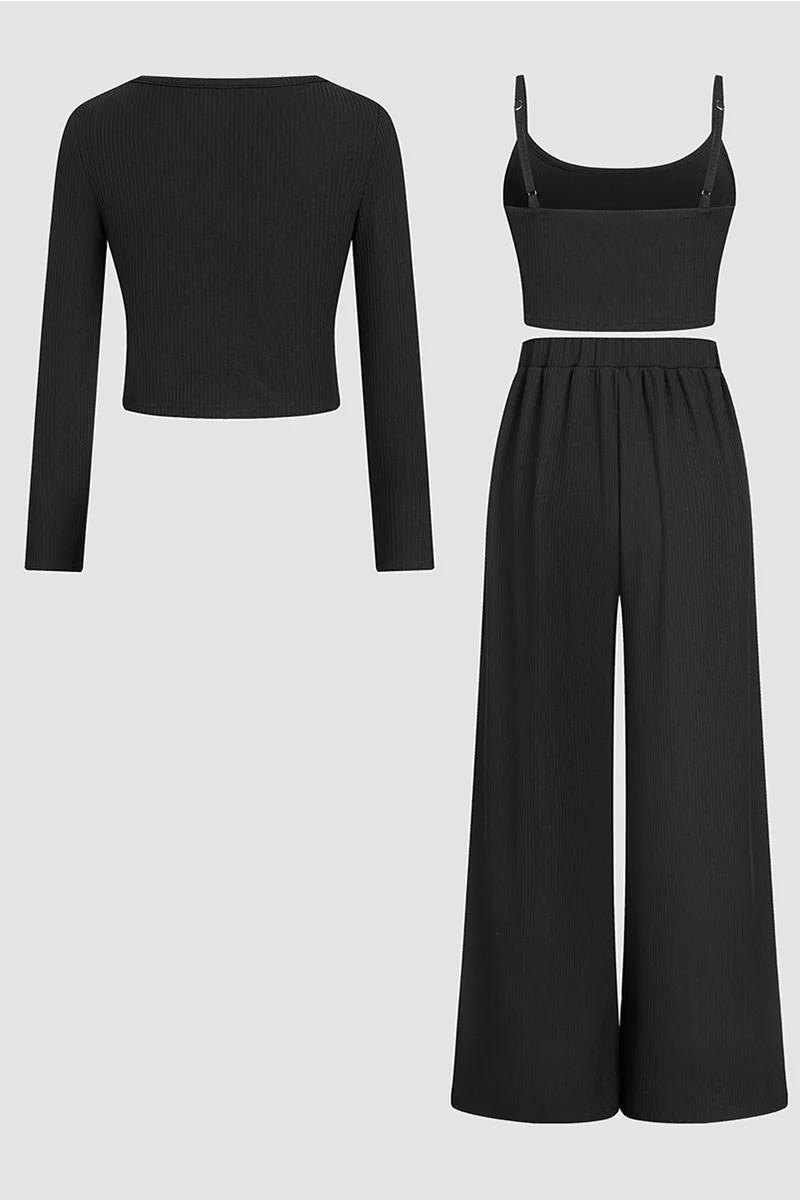 Minimalist Slim Camisole & High-Waist Trousers with Long-Sleeve Cardigan 3-Piece Set - Image 6