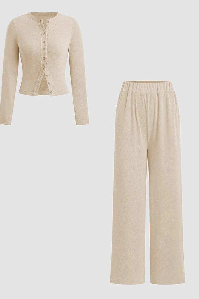 Minimalist Solid Button-Up Top & Wide-Leg Trousers Co-ord - Image 10