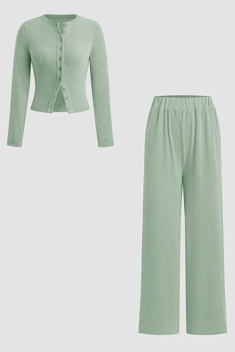Minimalist Solid Button-Up Top & Wide-Leg Trousers Co-ord - Image 11