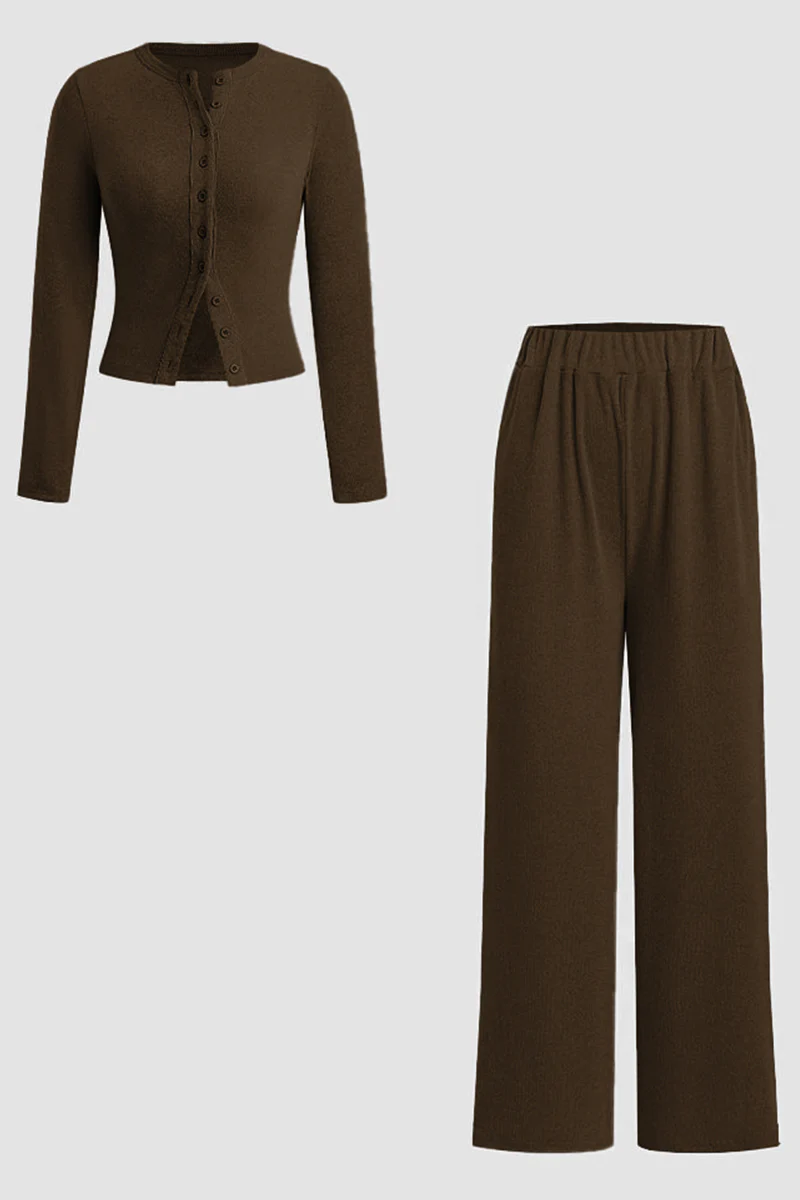 Minimalist Solid Button-Up Top & Wide-Leg Trousers Co-ord - Image 4