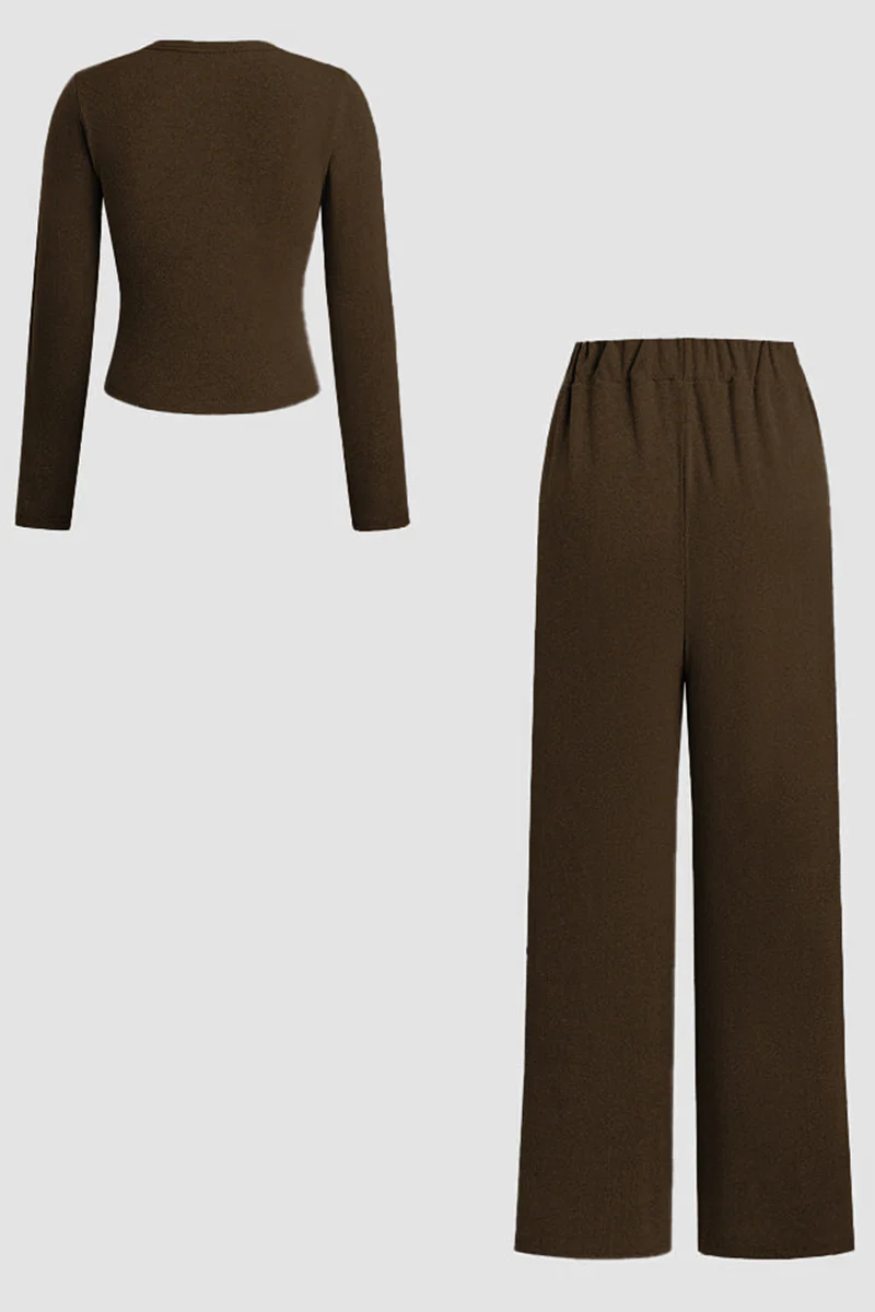 Minimalist Solid Button-Up Top & Wide-Leg Trousers Co-ord - Image 5