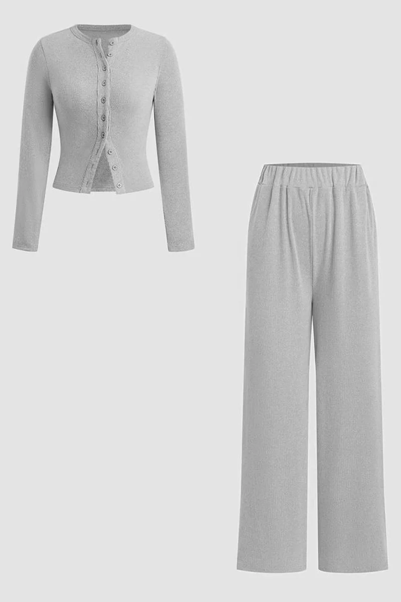 Minimalist Solid Button-Up Top & Wide-Leg Trousers Co-ord - Image 6