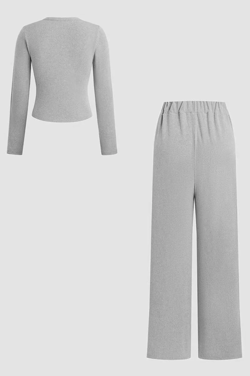 Minimalist Solid Button-Up Top & Wide-Leg Trousers Co-ord - Image 7