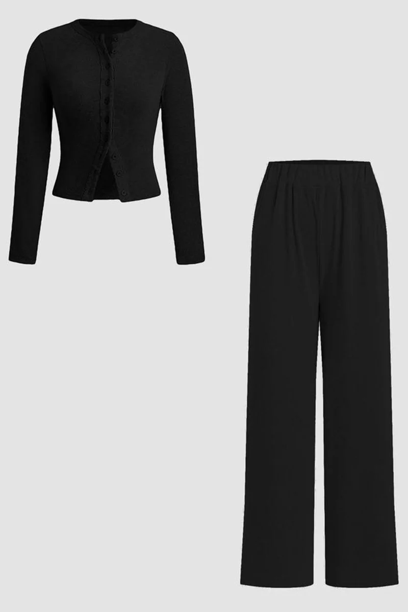 Minimalist Solid Button-Up Top & Wide-Leg Trousers Co-ord - Image 8