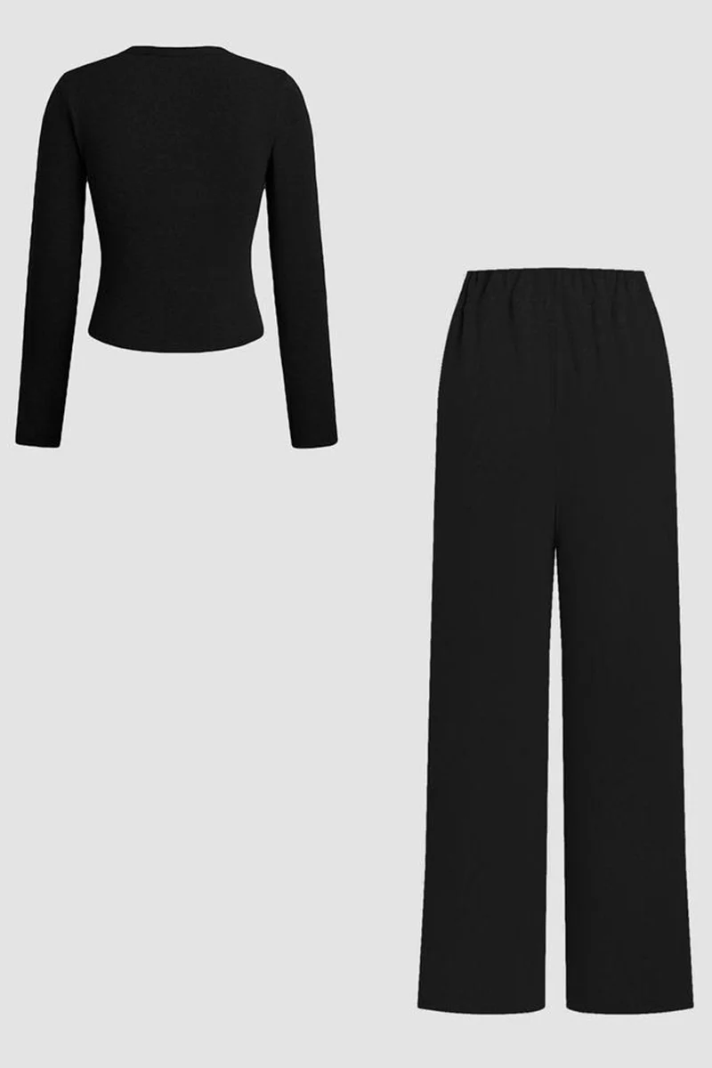 Minimalist Solid Button-Up Top & Wide-Leg Trousers Co-ord - Image 9