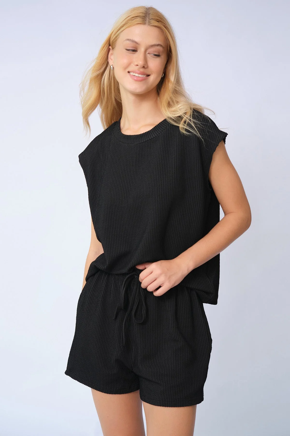 Katchme Pinstripe Cap Sleeve Top & Drawstring Shorts Co-ord Set - Image 4