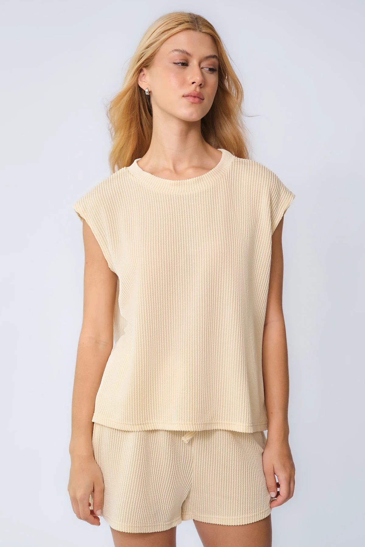 Katchme Pinstripe Cap Sleeve Top & Drawstring Shorts Co-ord Set - Image 7
