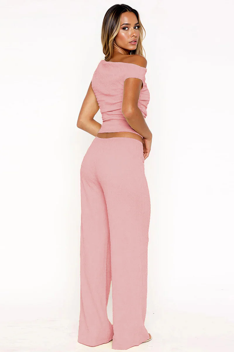 Solid Sloping-Shoulder Shirred Slim Top & Wide-Leg Trousers 2-Piece Co-ord Set - Image 10