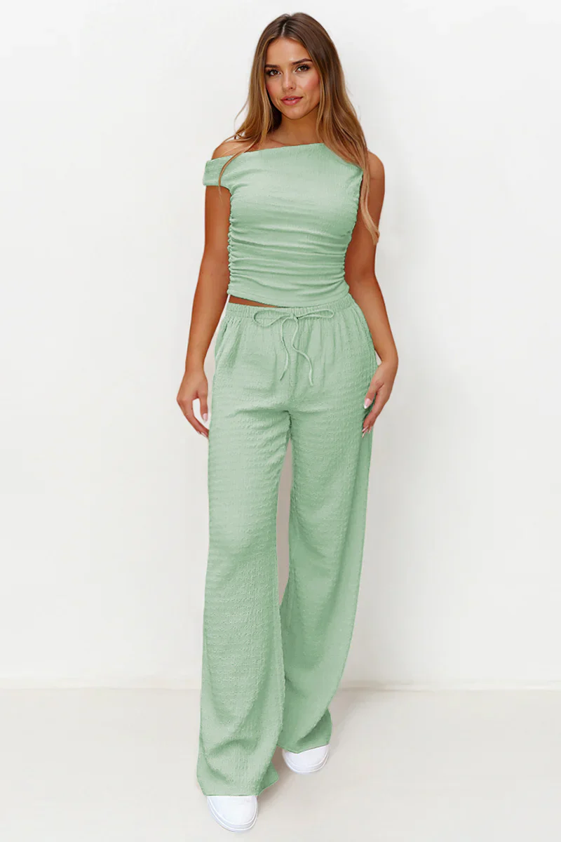 Solid Sloping-Shoulder Shirred Slim Top & Wide-Leg Trousers 2-Piece Co-ord Set - Image 11