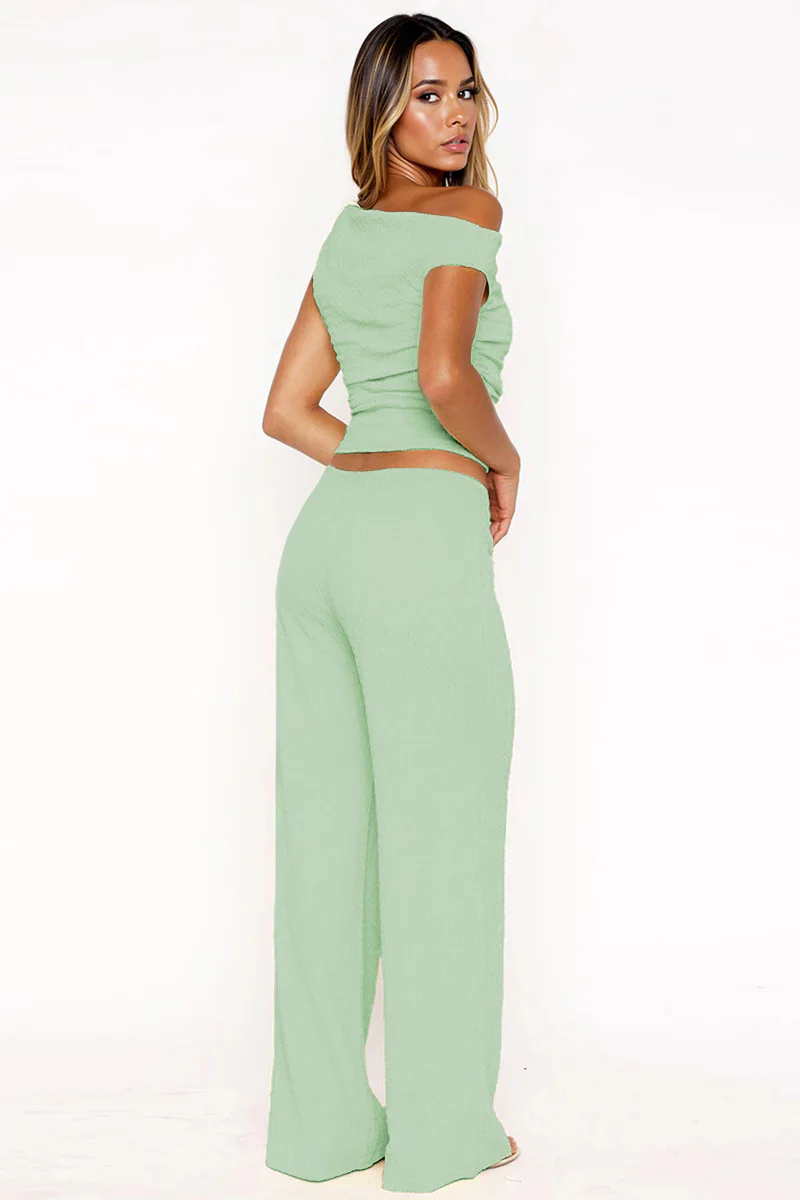 Solid Sloping-Shoulder Shirred Slim Top & Wide-Leg Trousers 2-Piece Co-ord Set - Image 12