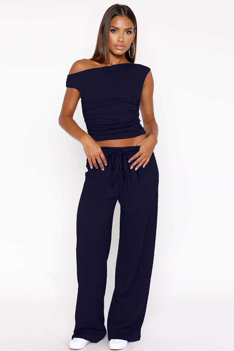 Solid Sloping-Shoulder Shirred Slim Top & Wide-Leg Trousers 2-Piece Co-ord Set - Image 13