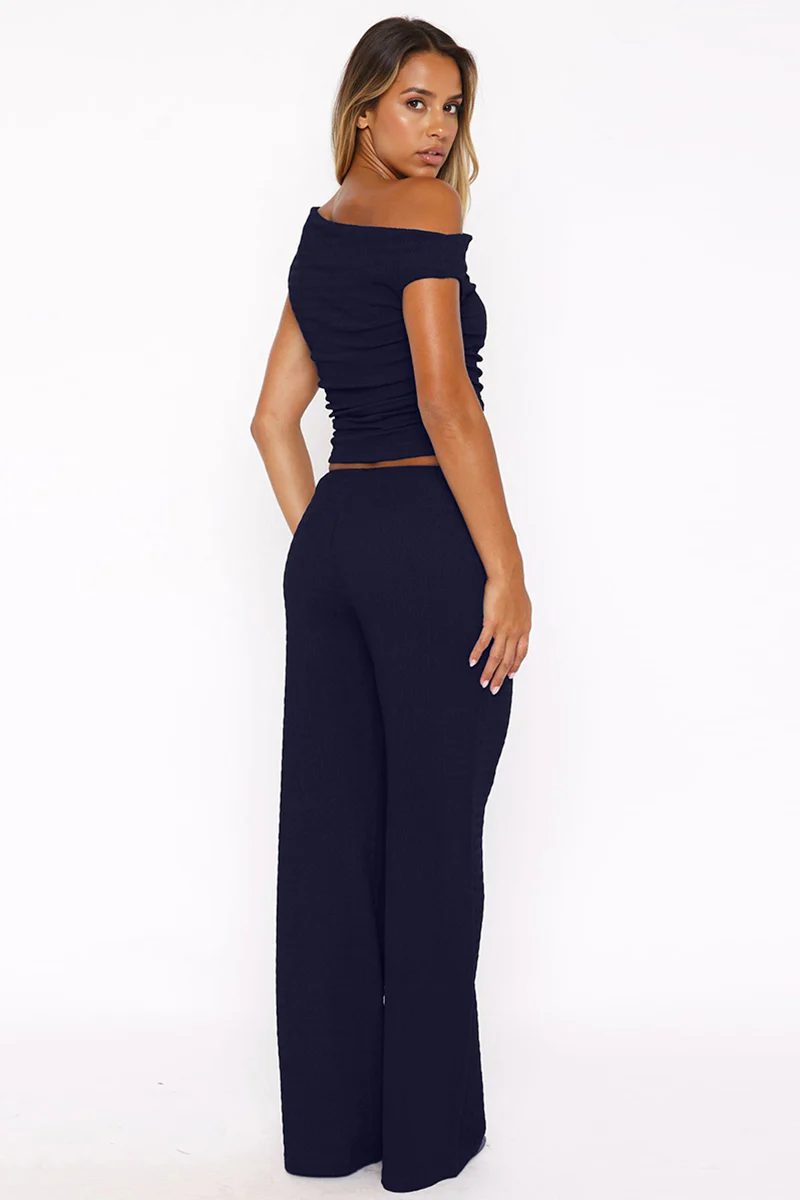 Solid Sloping-Shoulder Shirred Slim Top & Wide-Leg Trousers 2-Piece Co-ord Set - Image 14