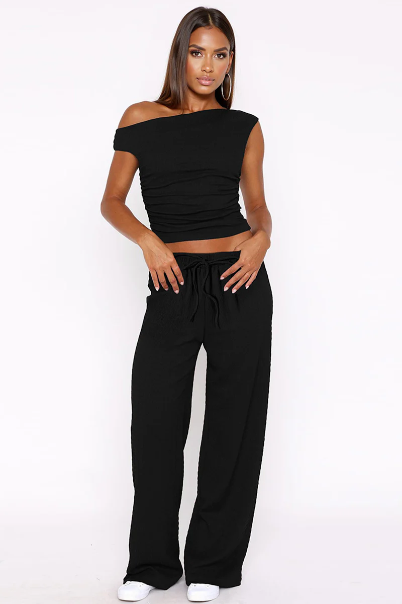 Solid Sloping-Shoulder Shirred Slim Top & Wide-Leg Trousers 2-Piece Co-ord Set - Image 3