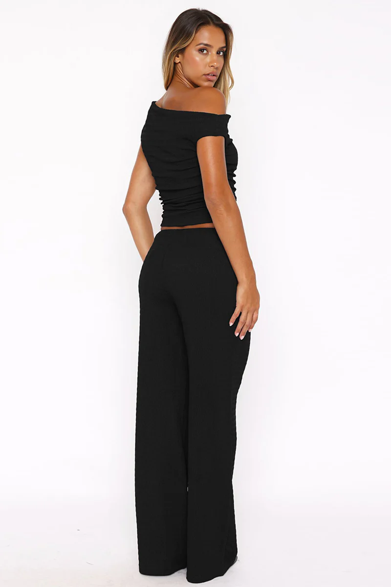 Solid Sloping-Shoulder Shirred Slim Top & Wide-Leg Trousers 2-Piece Co-ord Set - Image 4