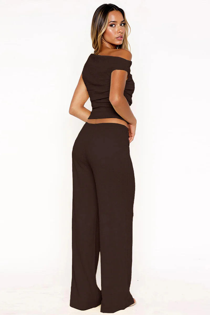 Solid Sloping-Shoulder Shirred Slim Top & Wide-Leg Trousers 2-Piece Co-ord Set - Image 6