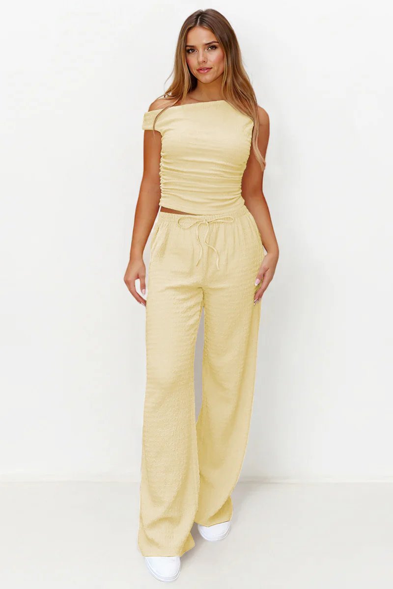 Solid Sloping-Shoulder Shirred Slim Top & Wide-Leg Trousers 2-Piece Co-ord Set - Image 7