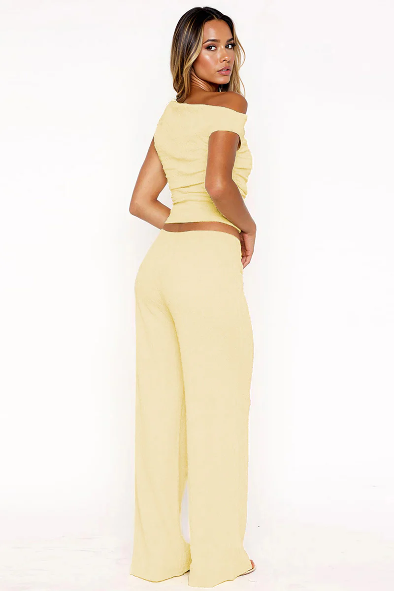 Solid Sloping-Shoulder Shirred Slim Top & Wide-Leg Trousers 2-Piece Co-ord Set - Image 8