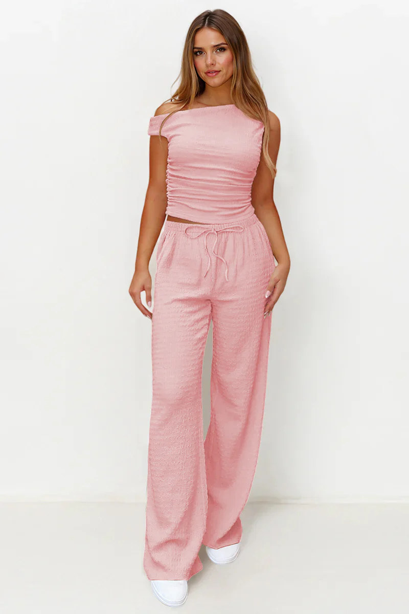 Solid Sloping-Shoulder Shirred Slim Top & Wide-Leg Trousers 2-Piece Co-ord Set - Image 9