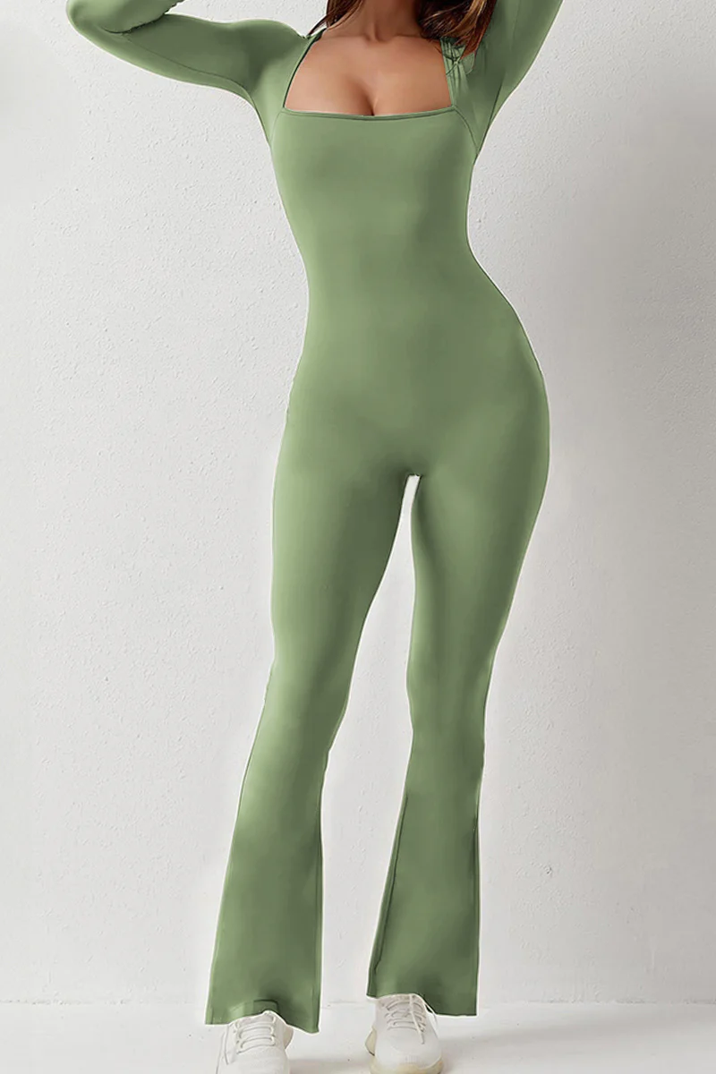 Square Neck Long Sleeve Seamless Shaping Flared Jumpsuit - Image 7