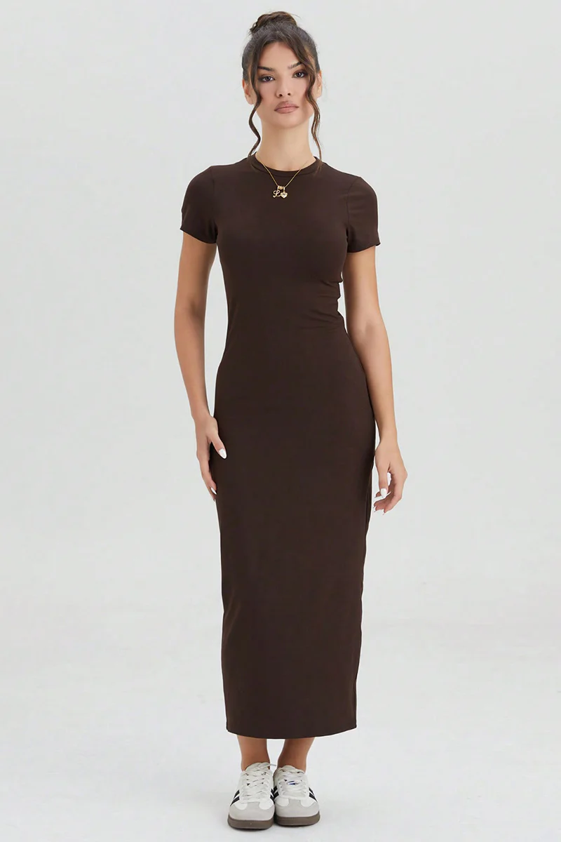 Summer Plain Round Neck Short Sleeve Bodycon Maxi Dress - Image 3