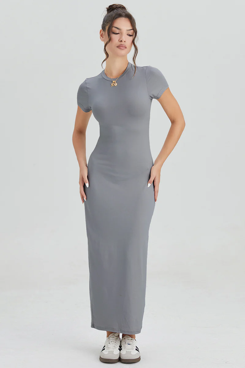 Summer Plain Round Neck Short Sleeve Bodycon Maxi Dress - Image 4