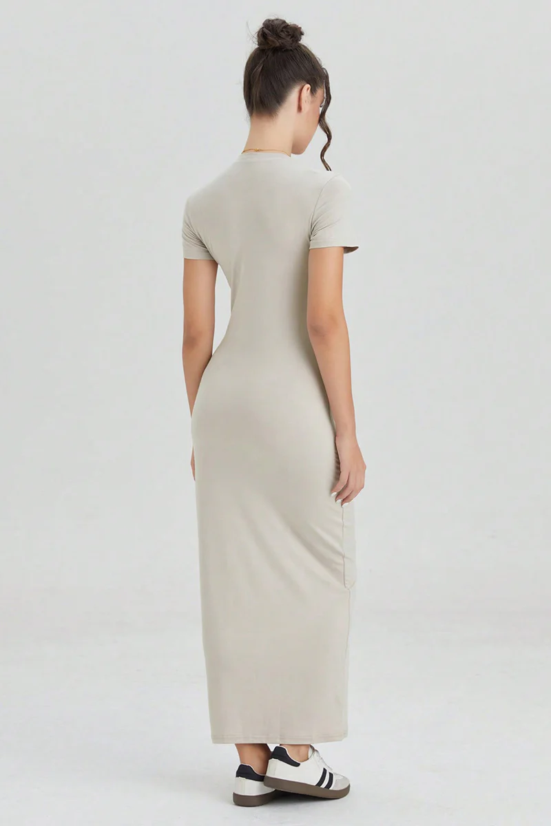 Summer Plain Round Neck Short Sleeve Bodycon Maxi Dress - Image 5