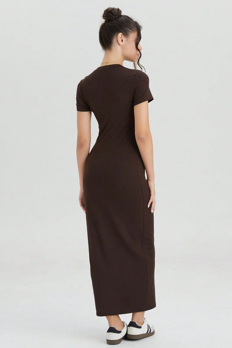 Summer Plain Round Neck Short Sleeve Bodycon Maxi Dress - Image 6