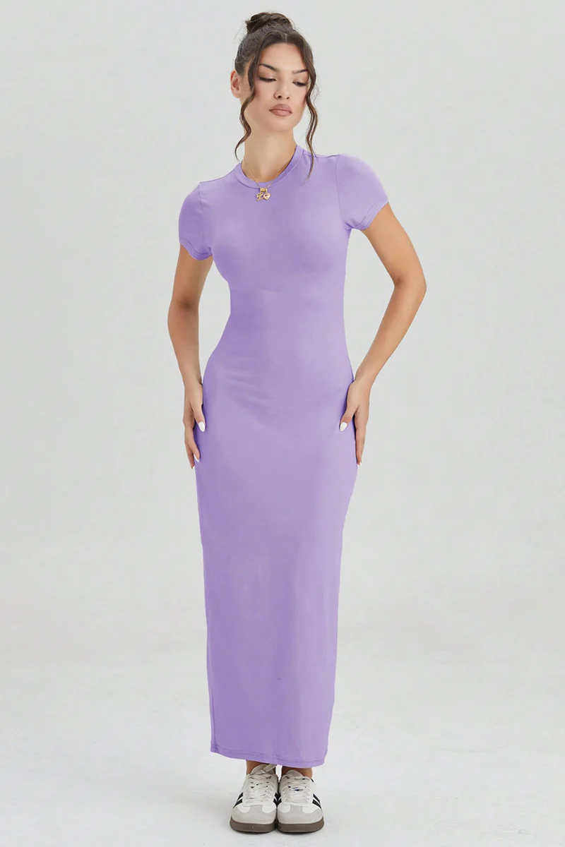 Summer Plain Round Neck Short Sleeve Bodycon Maxi Dress - Image 7