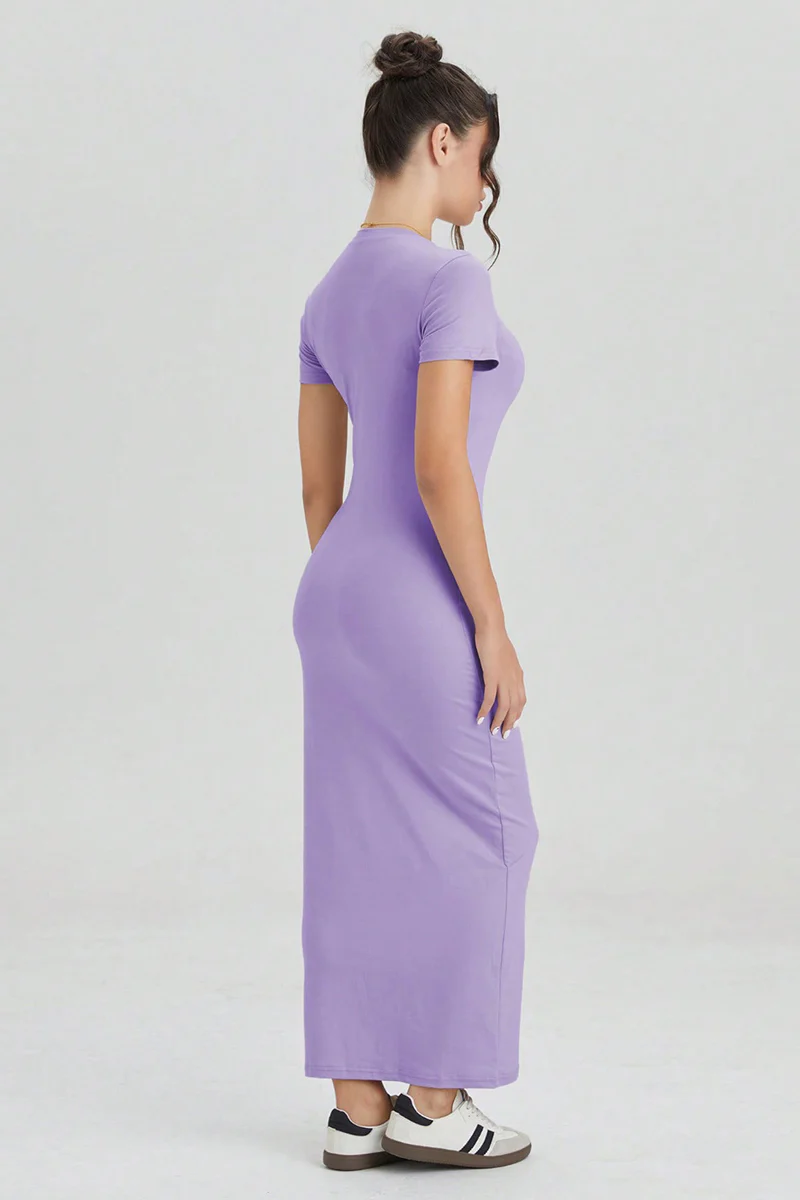 Summer Plain Round Neck Short Sleeve Bodycon Maxi Dress - Image 8