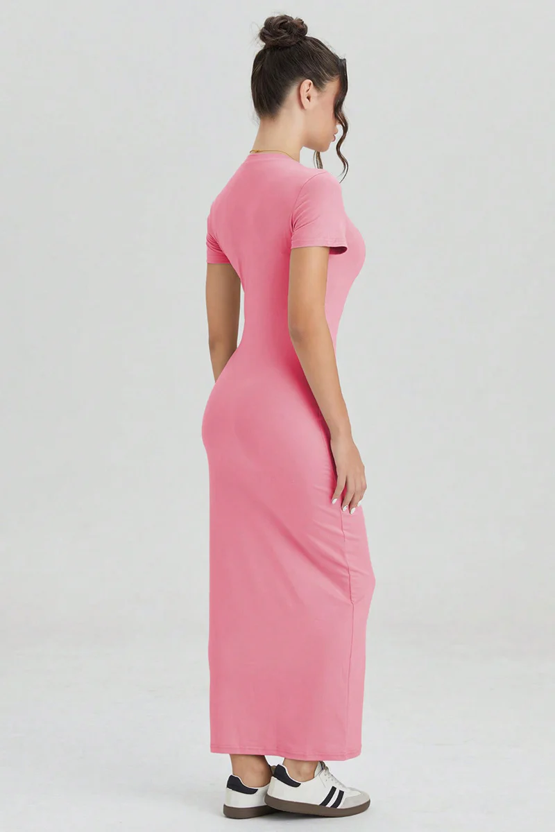 Summer Plain Round Neck Short Sleeve Bodycon Maxi Dress - Image 9