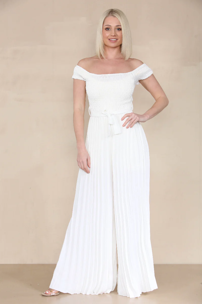Trendy Off The Shoulder Waist Tie Pleated Jumpsuit - Image 13