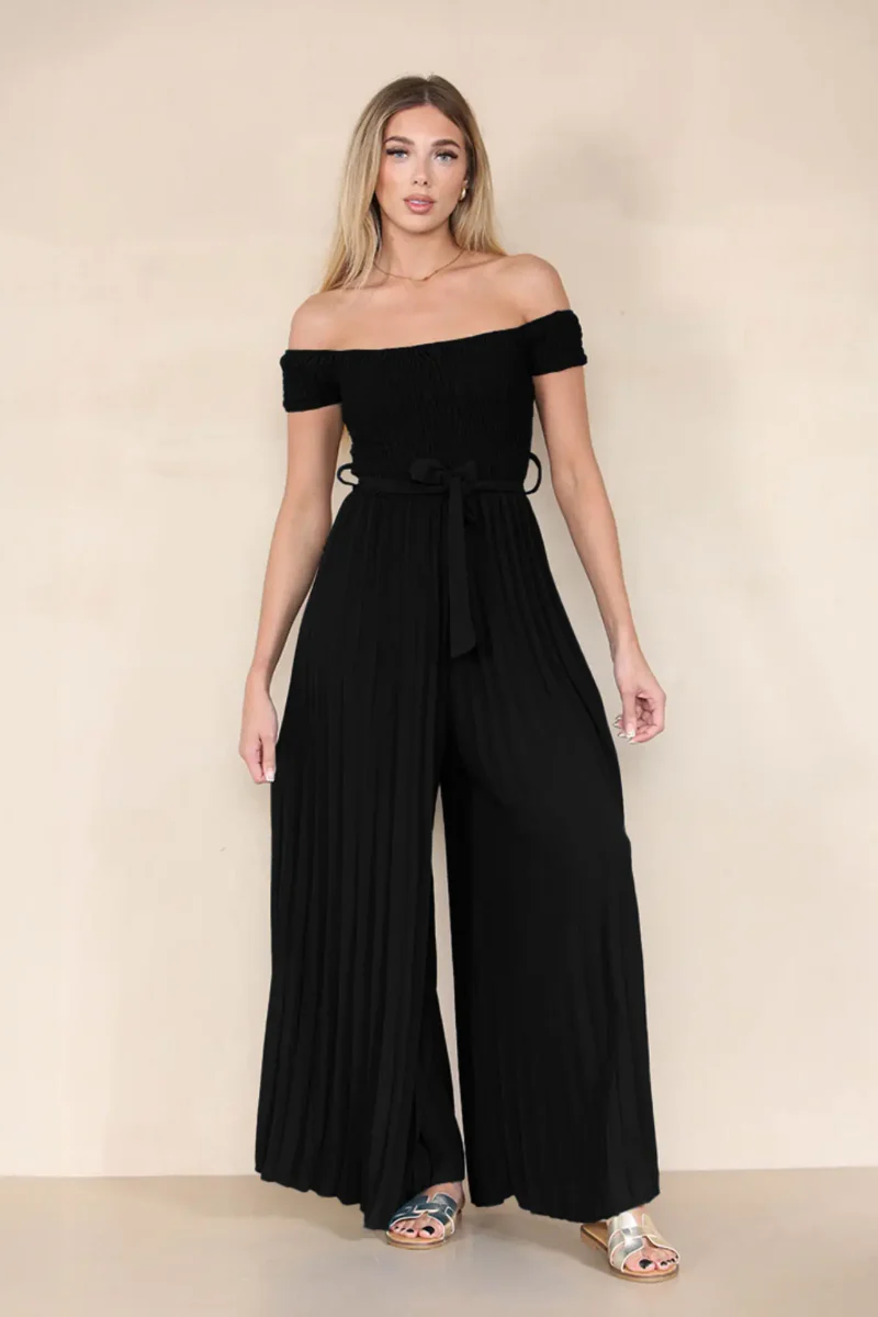 Trendy Off The Shoulder Waist Tie Pleated Jumpsuit - Image 14