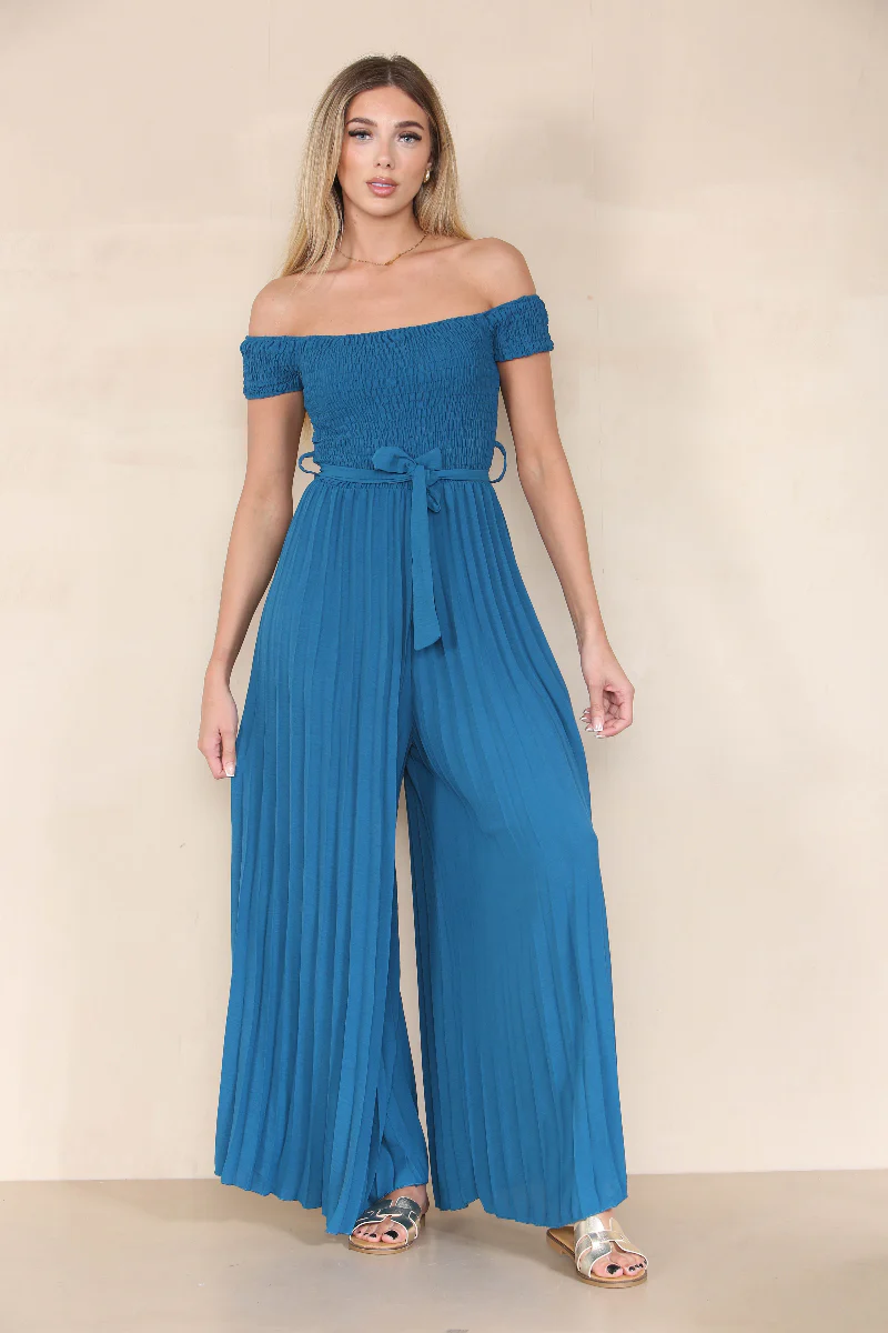 Trendy Off The Shoulder Waist Tie Pleated Jumpsuit - Image 3