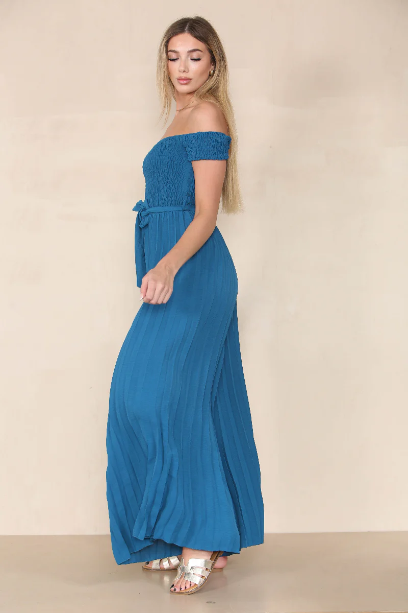Trendy Off The Shoulder Waist Tie Pleated Jumpsuit - Image 4