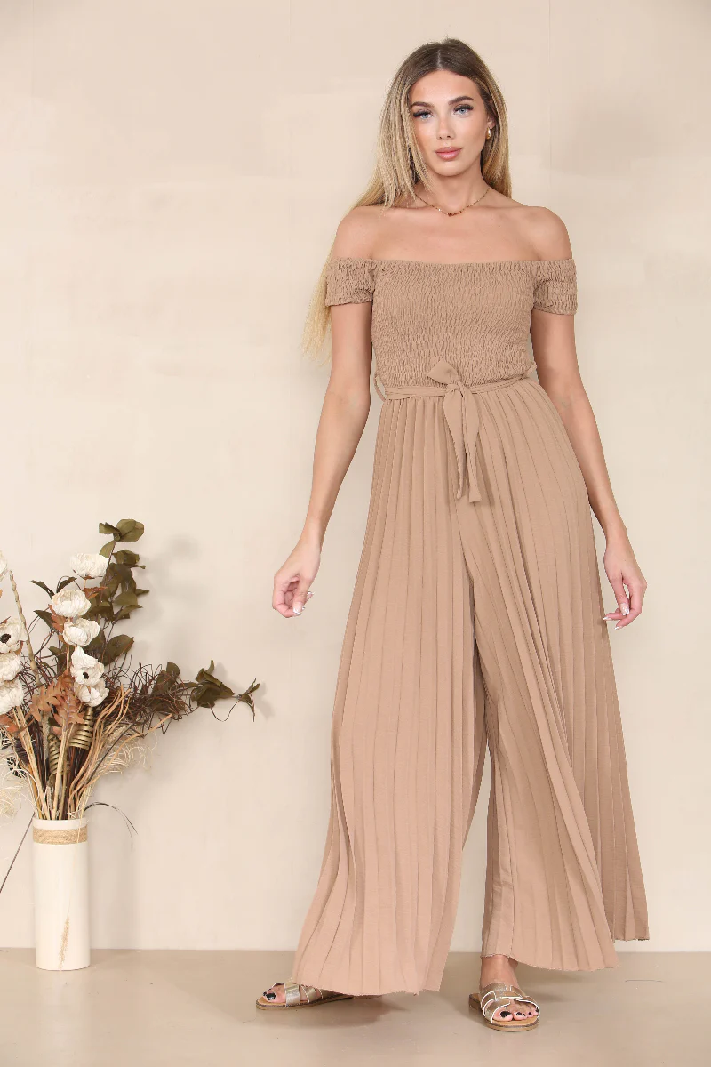 Trendy Off The Shoulder Waist Tie Pleated Jumpsuit - Image 5