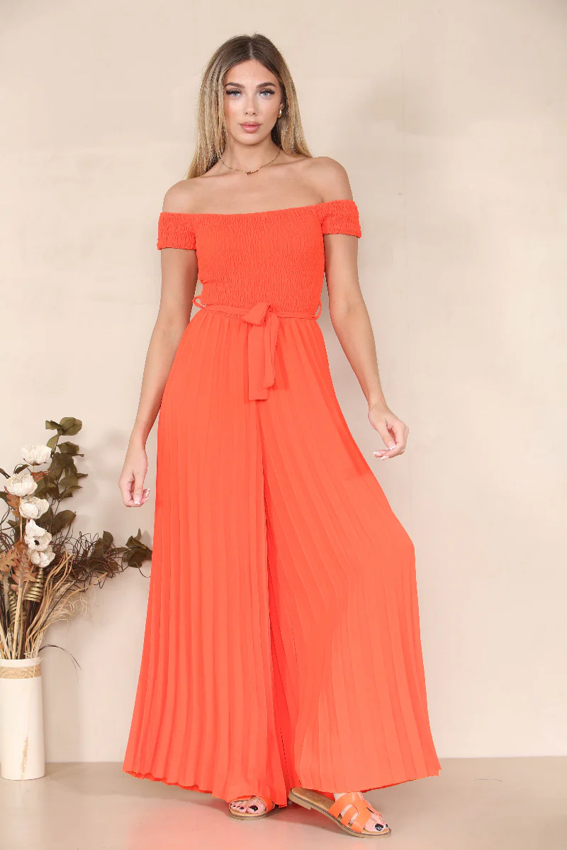 Trendy Off The Shoulder Waist Tie Pleated Jumpsuit - Image 7