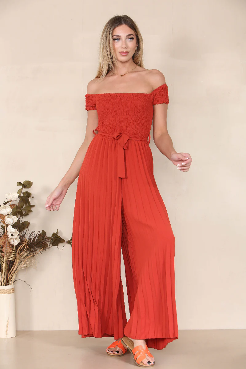 Trendy Off The Shoulder Waist Tie Pleated Jumpsuit - Image 8