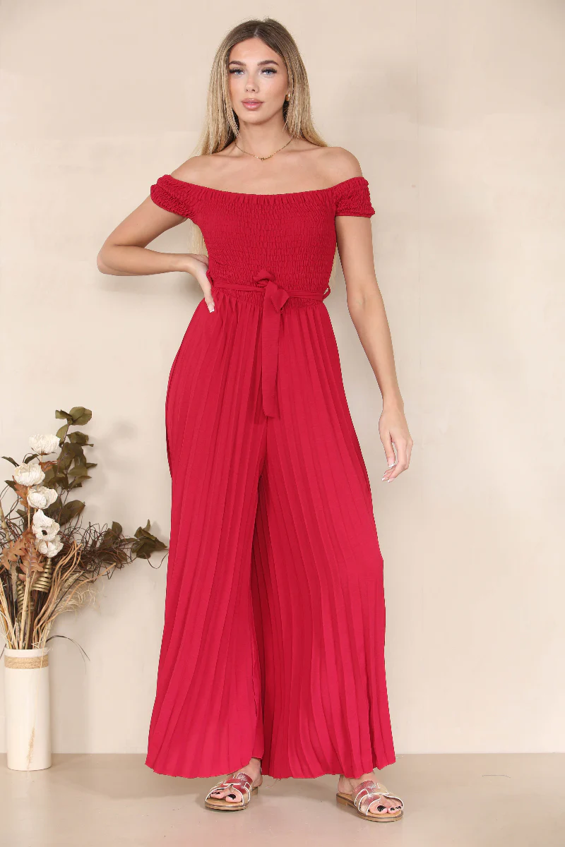 Trendy Off The Shoulder Waist Tie Pleated Jumpsuit - Image 9
