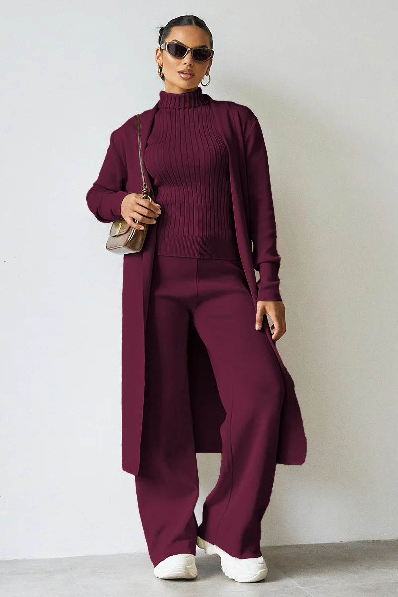 Turtle Neck Tank & Wide Leg Trousers with Cardigan Three-Piece Set - Image 10